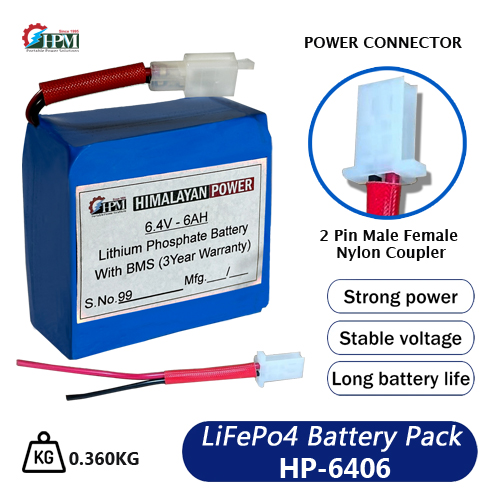 6AH-6.4V, Lithium Phosphate Battery(3.2V-2S), Inbuilt BMS 